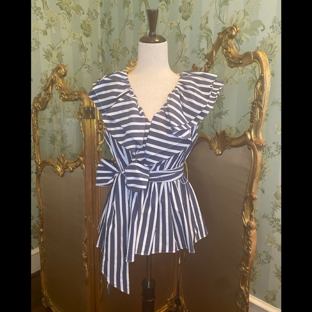 Atlantic Pacific Ruffle Striped Tie Top Halogen; M
